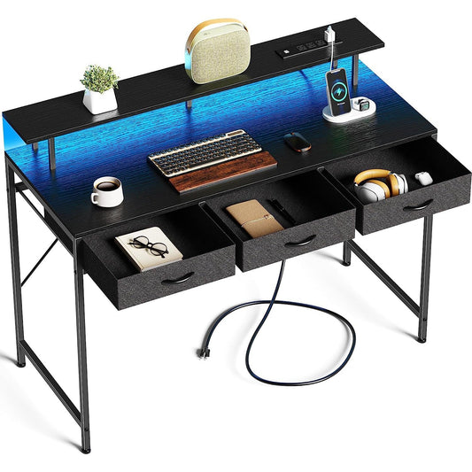 Computer Desk with 3 Drawers, Office Desk Gaming Desk with LED Lights & Power Outlets, Home Office Desks with Storage Space for Bedroom, Work from Home