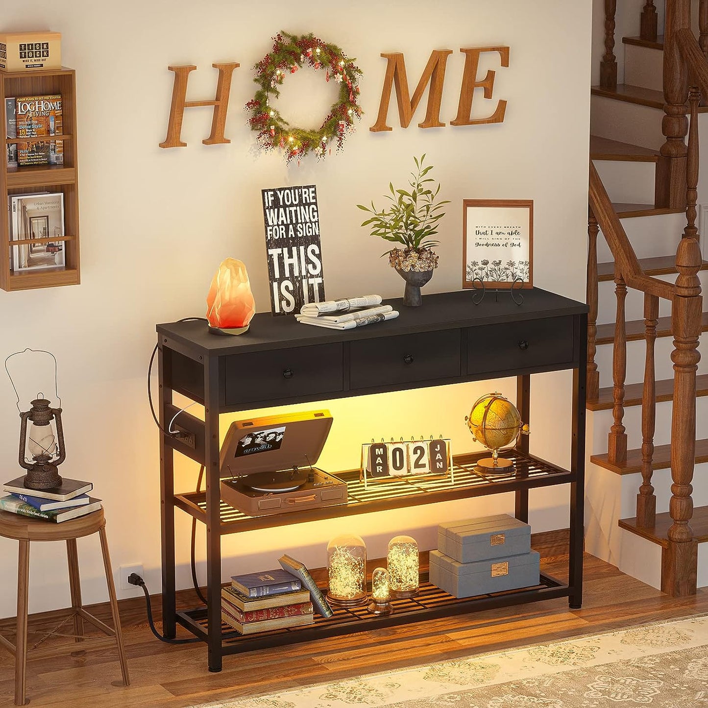Console Table for Entryway with Power Strip, Entryway Table with RGB LED Lights, Entry Table with Storage Drawers, Sofa Tables Narrow Long for Living Room, Couch, Hallway, Foyer