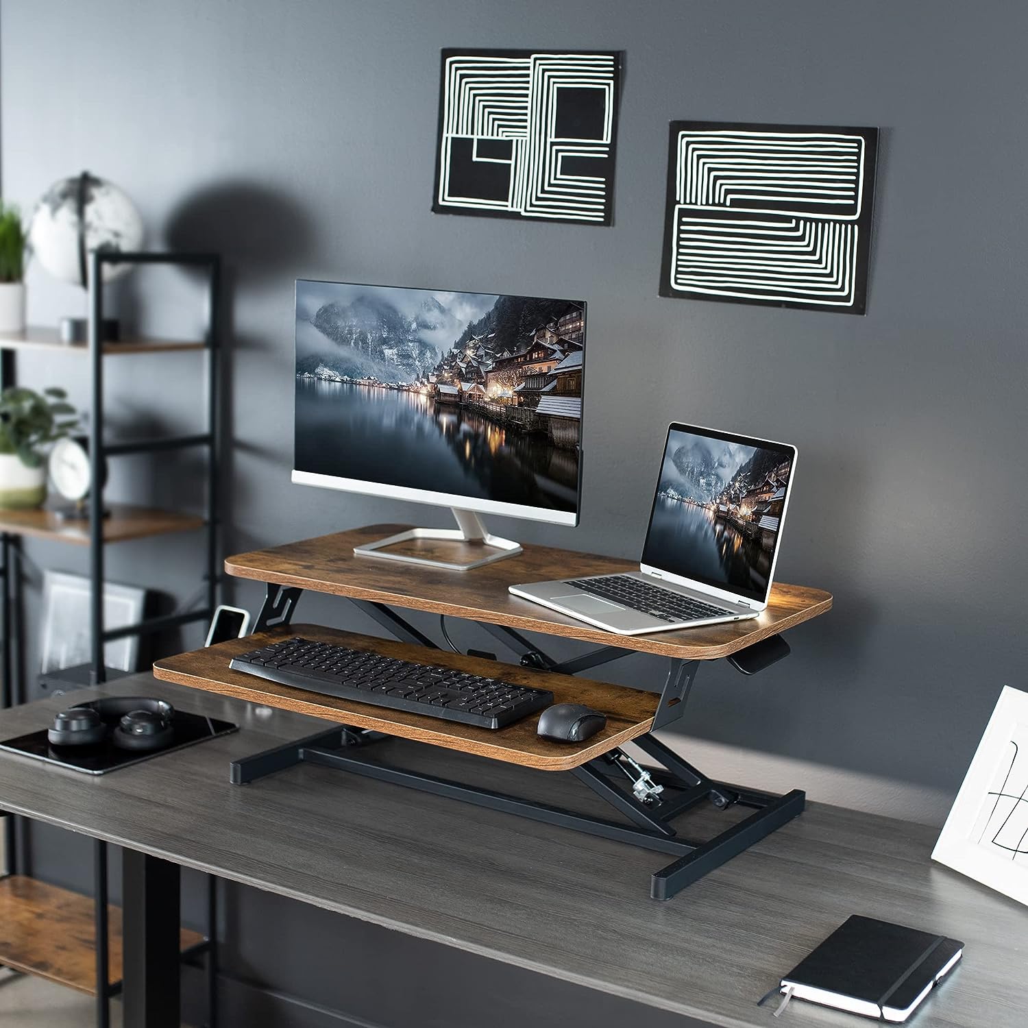 Height Adjustable 32 inch Stand Up Desk Converter, Quick Sit to Stand Tabletop Dual Monitor Riser Workstation
