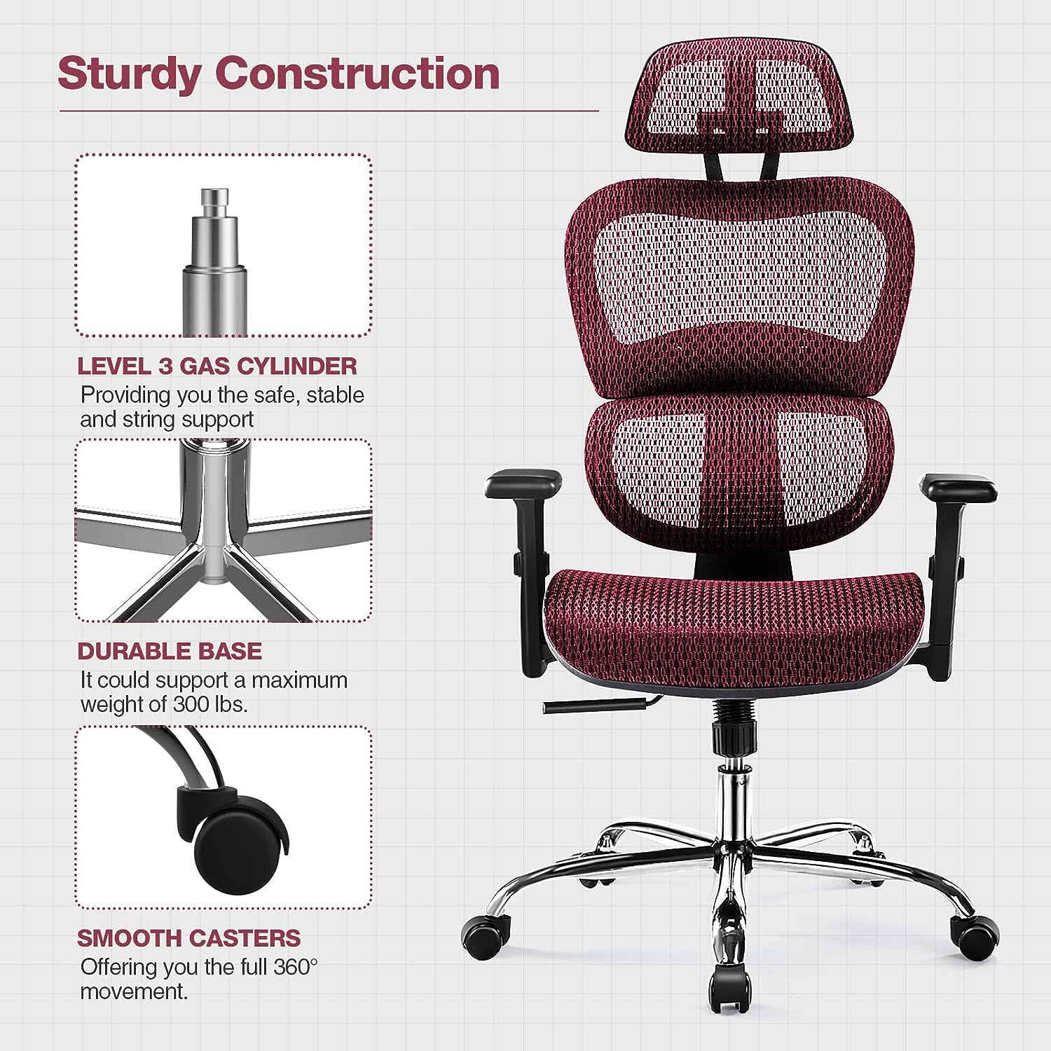 Ergonomic High Back Office Chair - High Office Chair with Headrest, Lumbar Support, Movable Armrests, Swivel Mesh Office Chair with 300 lbs Weight Capacity Adjustable Height for Home Office, Executive