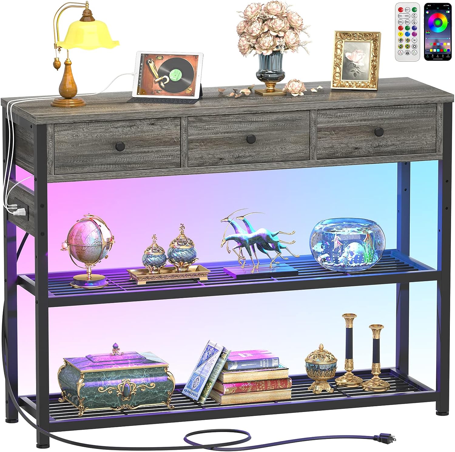 Console Table for Entryway with Power Strip, Entryway Table with RGB LED Lights, Entry Table with Storage Drawers, Sofa Tables Narrow Long for Living Room, Couch, Hallway, Foyer