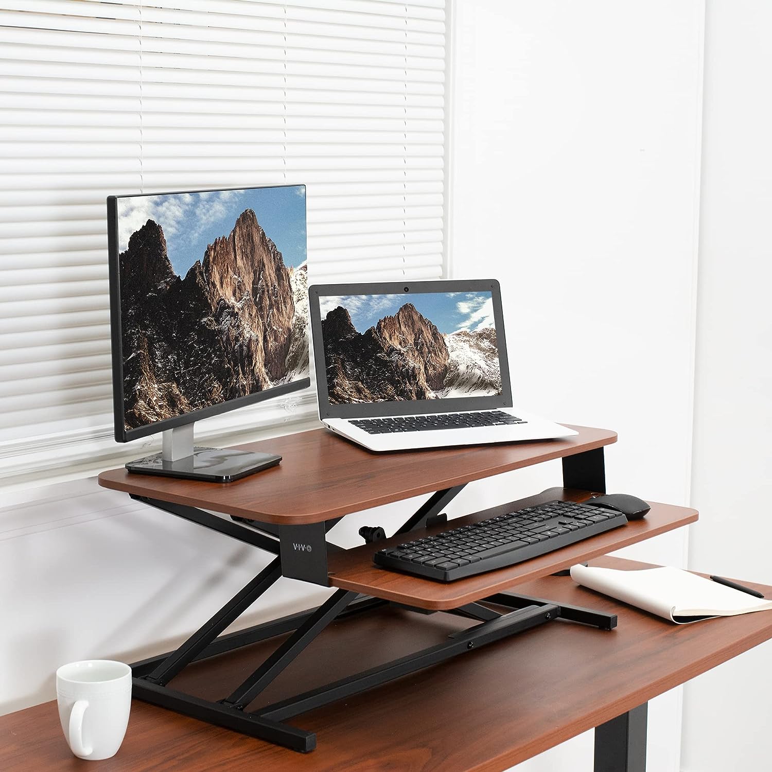 Height Adjustable 32 inch Stand Up Desk Converter, Quick Sit to Stand Tabletop Dual Monitor Riser Workstation