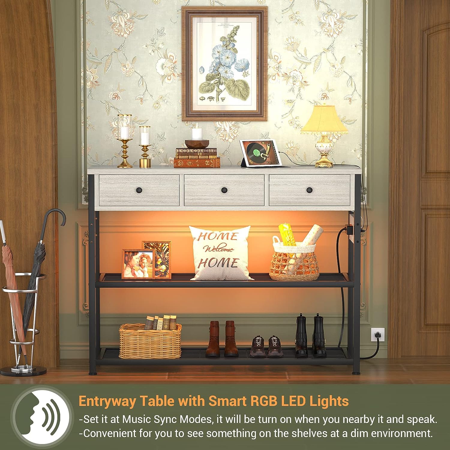 Console Table for Entryway with Power Strip, Entryway Table with RGB LED Lights, Entry Table with Storage Drawers, Sofa Tables Narrow Long for Living Room, Couch, Hallway, Foyer
