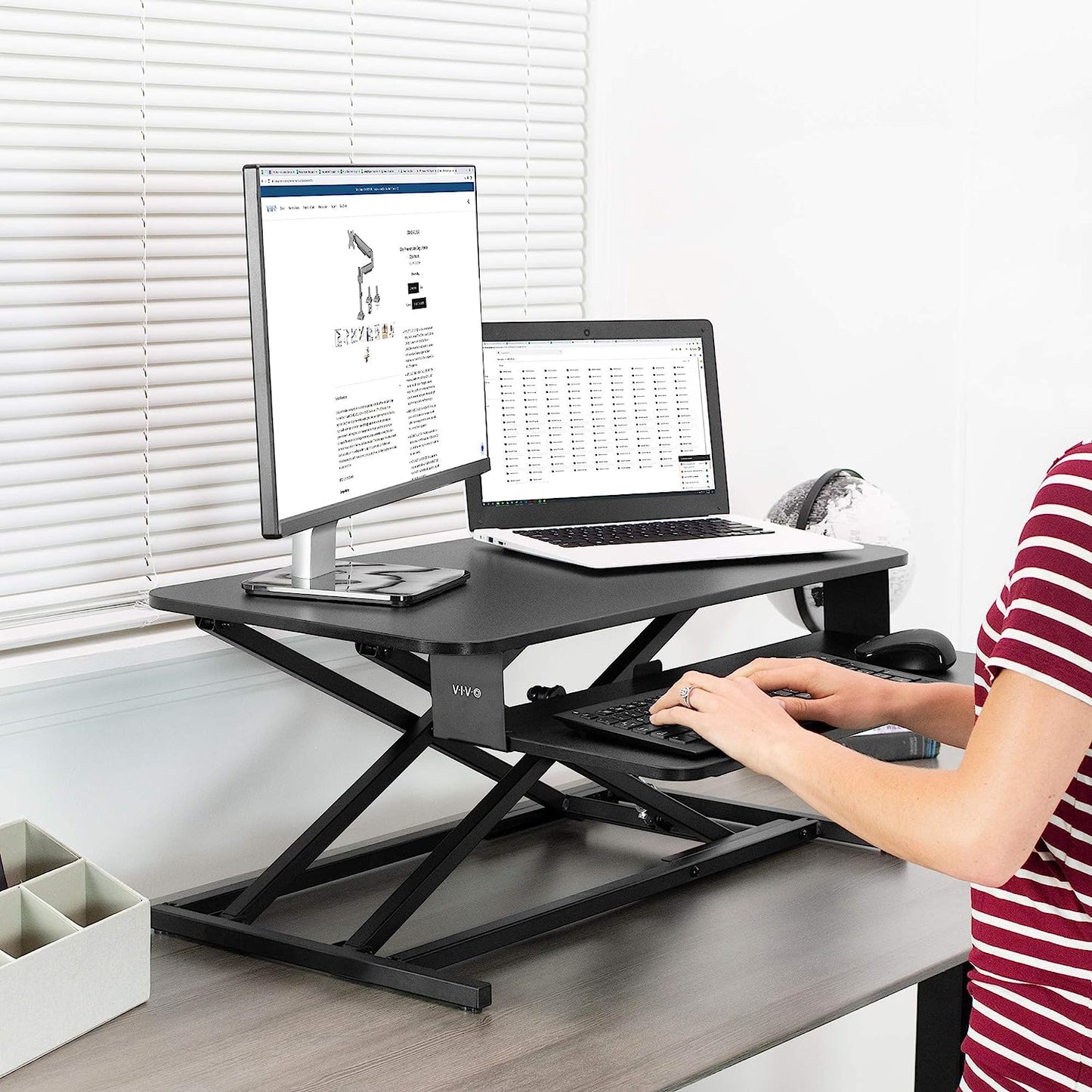 Height Adjustable 32 inch Stand Up Desk Converter, Quick Sit to Stand Tabletop Dual Monitor Riser Workstation