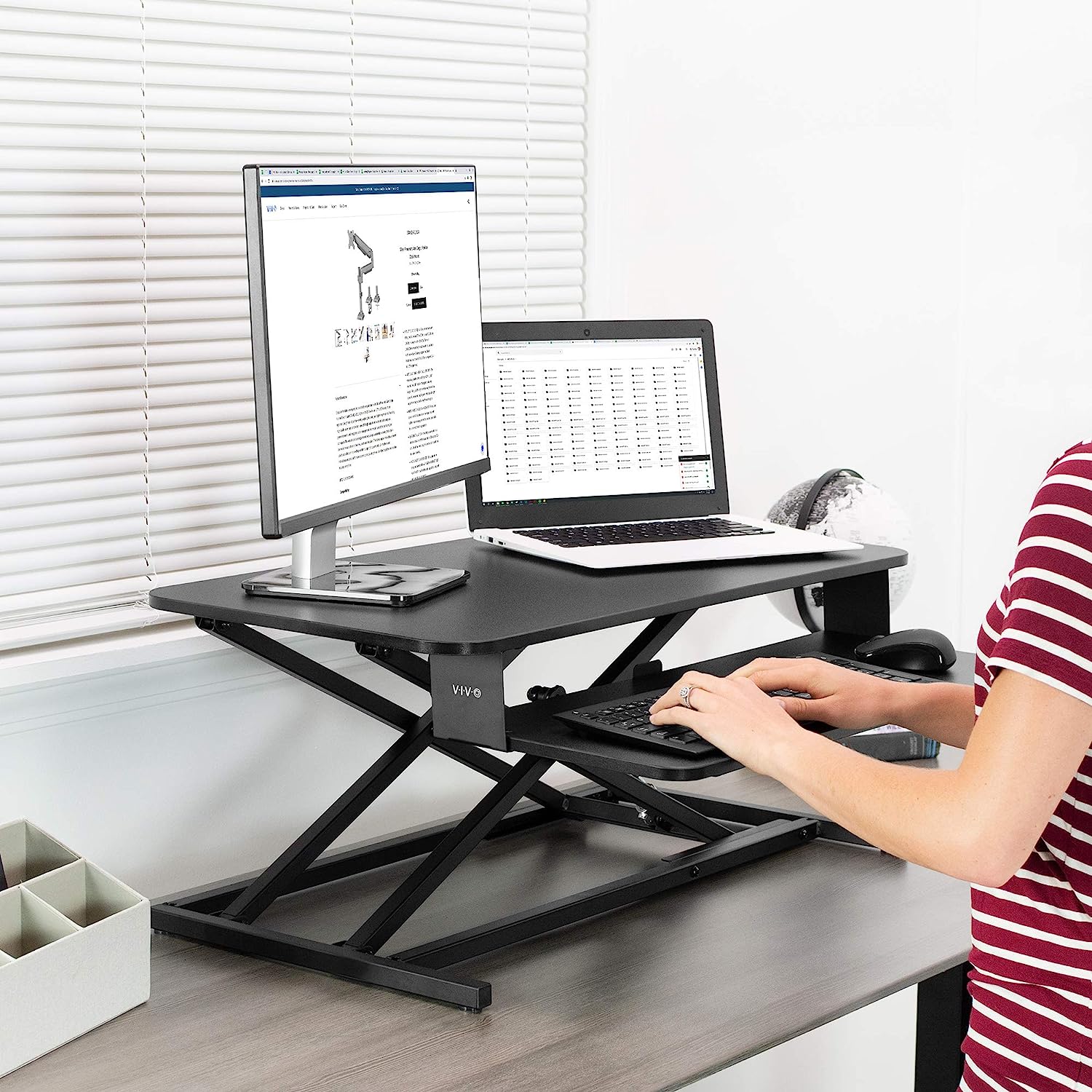 Height Adjustable 32 inch Stand Up Desk Converter, Quick Sit to Stand Tabletop Dual Monitor Riser Workstation