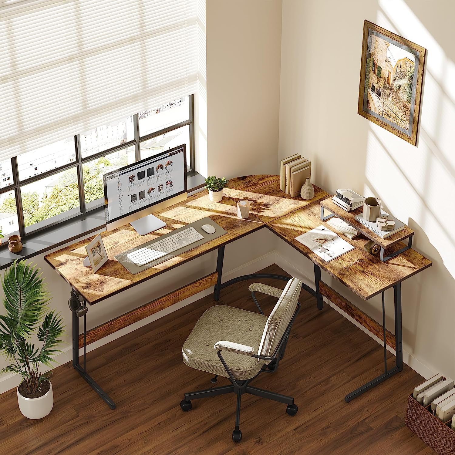 L Shaped Gaming Desk Computer Office Desk, Corner Desk with Large Monitor Stand for Home Office Study Writing Workstation