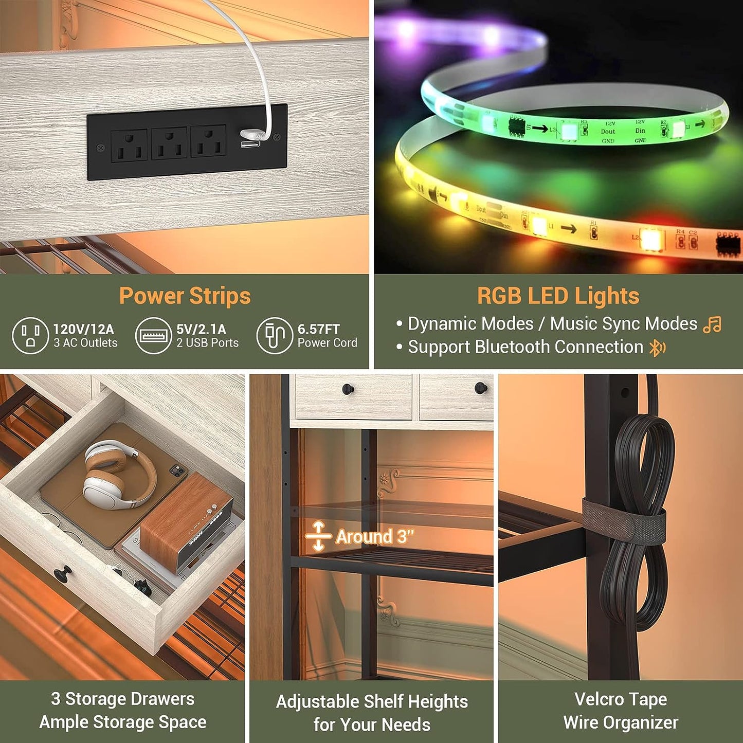 Console Table for Entryway with Power Strip, Entryway Table with RGB LED Lights, Entry Table with Storage Drawers, Sofa Tables Narrow Long for Living Room, Couch, Hallway, Foyer