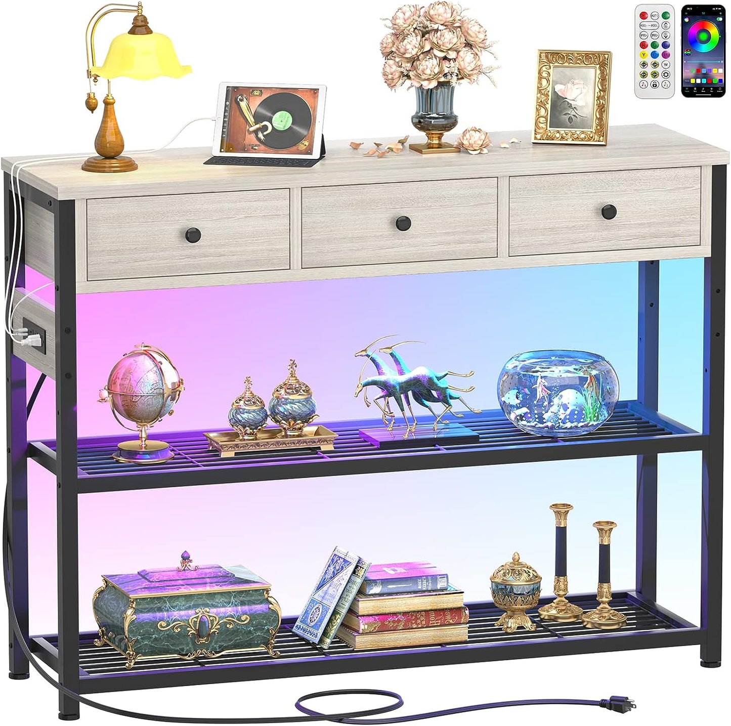 Console Table for Entryway with Power Strip, Entryway Table with RGB LED Lights, Entry Table with Storage Drawers, Sofa Tables Narrow Long for Living Room, Couch, Hallway, Foyer