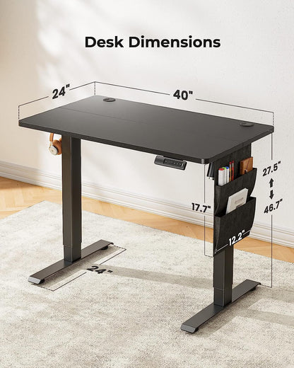 Standing Desk Adjustable Height, 40x24 Inch Electric Standing Desk with Storage Bag, Stand up Desk for Home Office Computer Desk Memory Preset with Headphone Hook