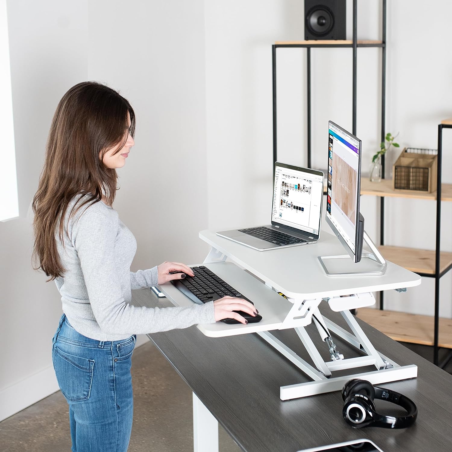Height Adjustable 32 inch Stand Up Desk Converter, Quick Sit to Stand Tabletop Dual Monitor Riser Workstation