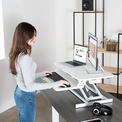 Height Adjustable 32 inch Stand Up Desk Converter, Quick Sit to Stand Tabletop Dual Monitor Riser Workstation